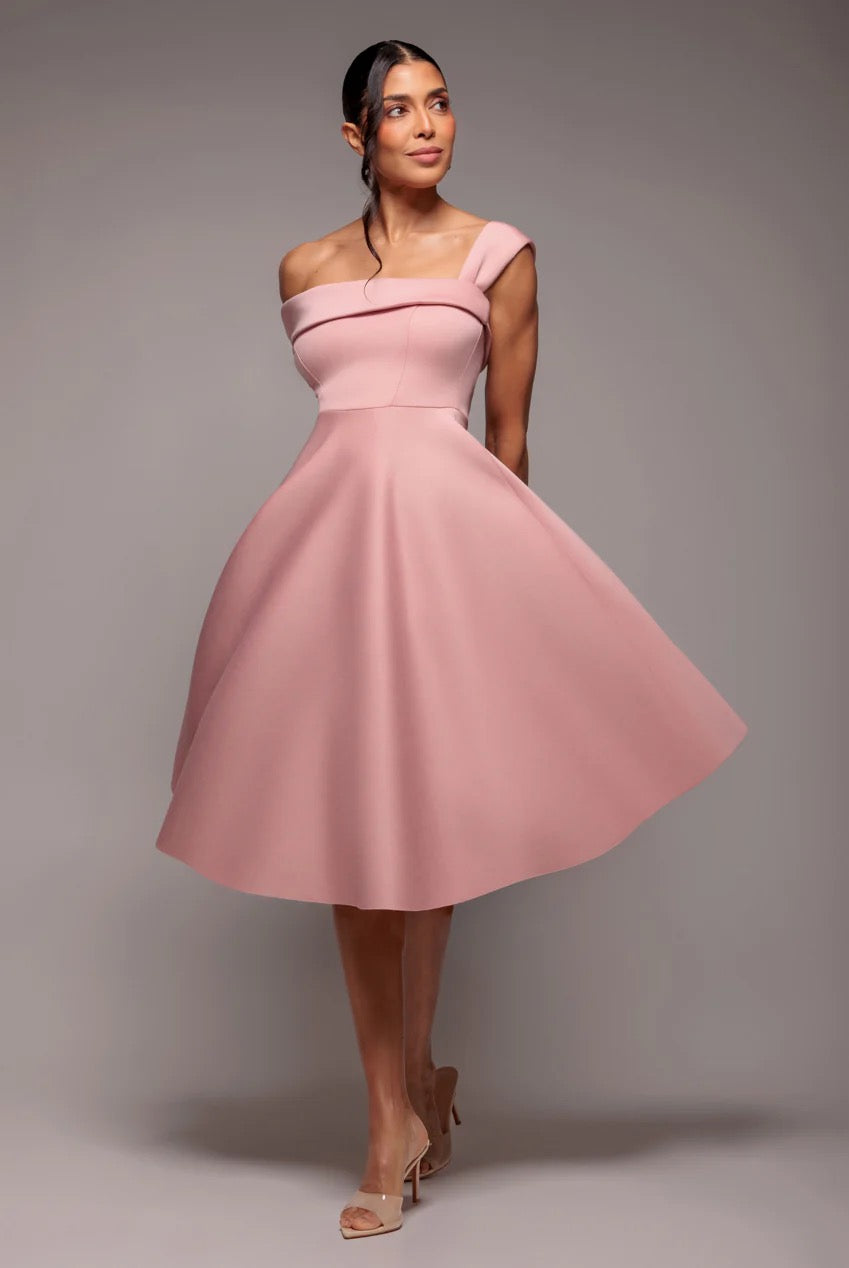 blush off the shoulder midi dress Sneak Peek One Shoulder Chiffon Midi Dress - Blush